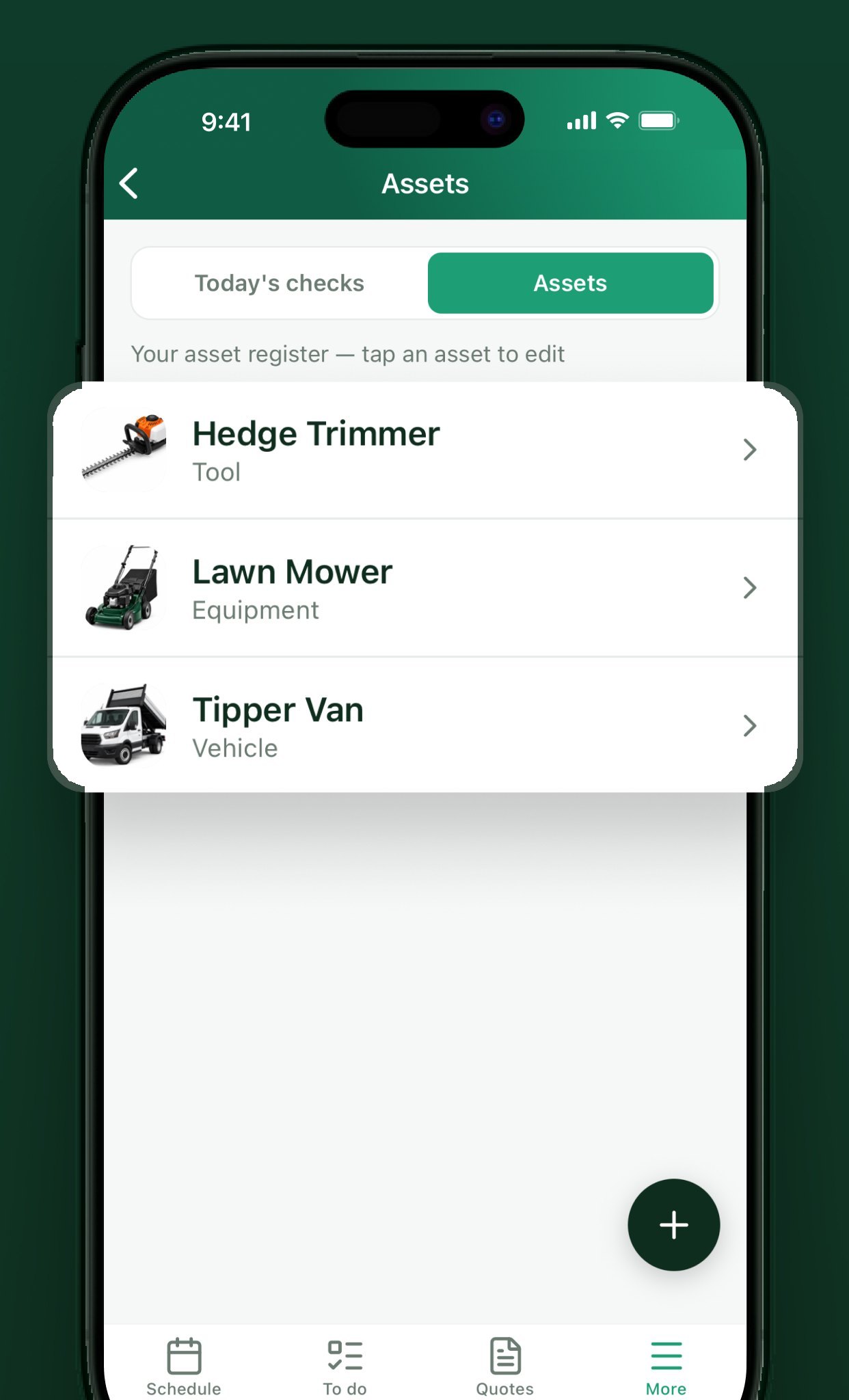 An asset register on a phone, listing a hedge trimmer, a lawn mower and a tipper van