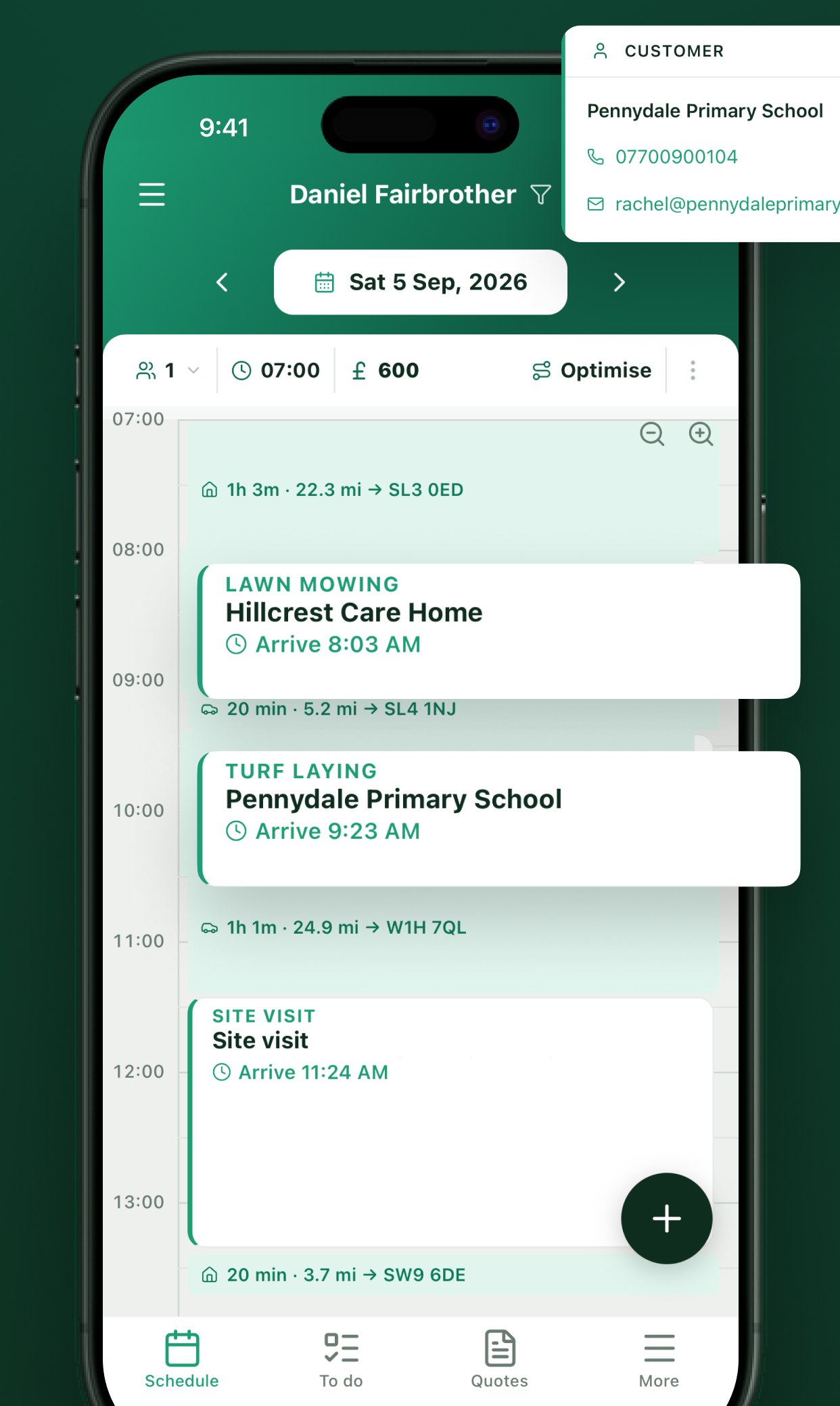 A day's schedule on a phone, with the drive time and distance between each job, and a customer's contact card alongside